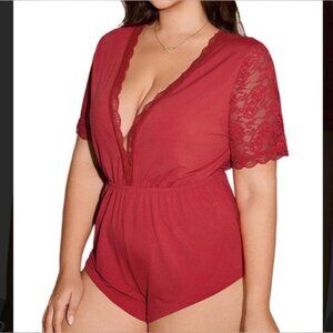 BEAUDRM‎ Women's Plus Size Short Sleeve TieBack Rompers Pjs Red 5X-Large